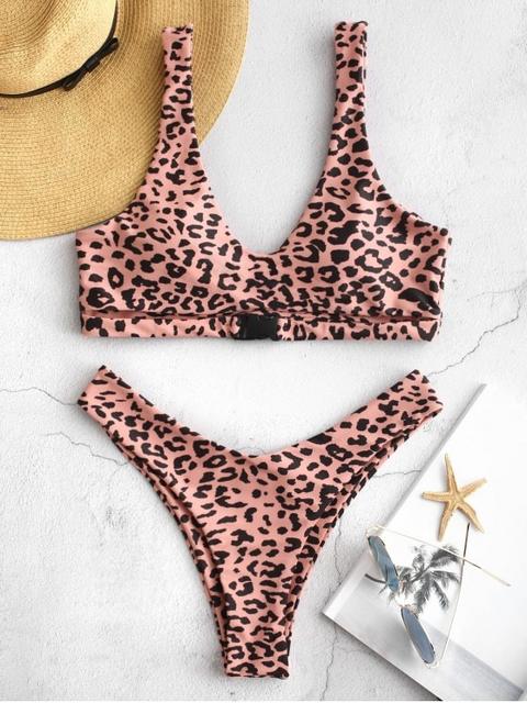 Bikini De Pierna Alta Con Hebilla De Leopardo Zaful Multi-a