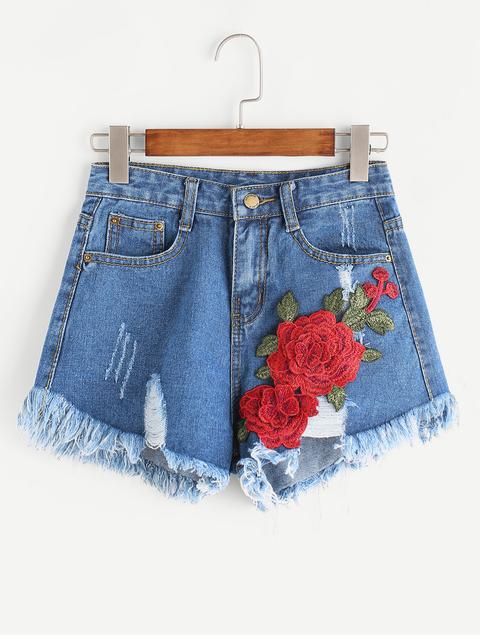 Shorts En Denim De Borde Crudo Aplique Roto