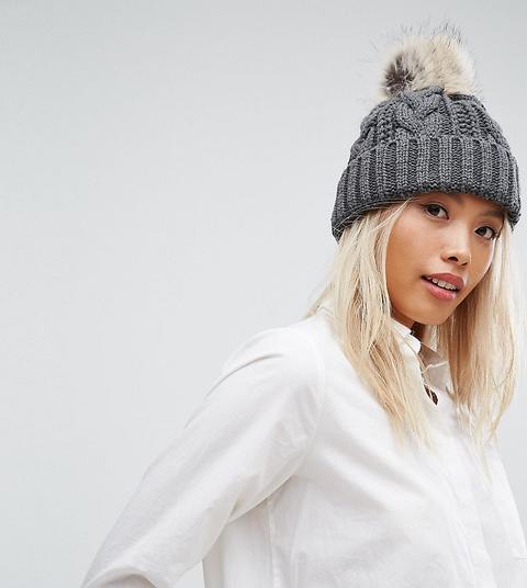 Stitch & Pieces Cable Pom Beanie In Grey - Grey