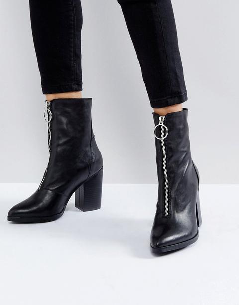 Depp Soft Leather Zip Front Heel Boot - Black Leather