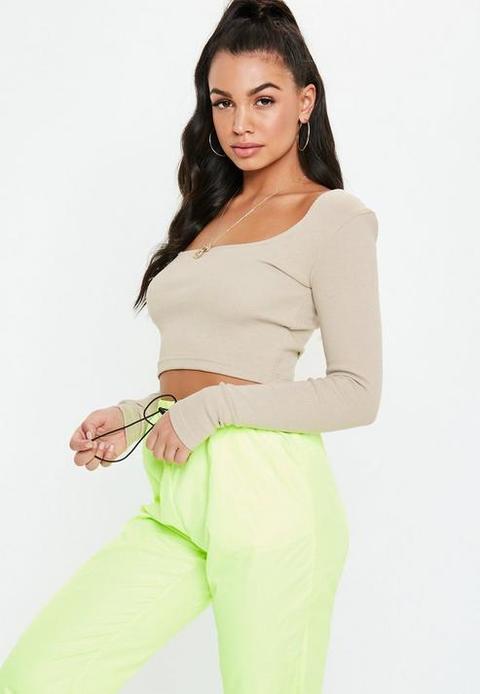 Nude Ribbed Scoop Neck Crop Top, Nude