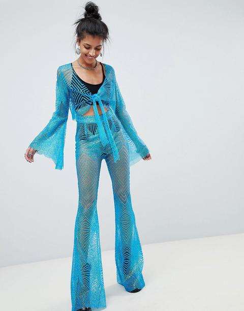 Elsie & Fred Flared Trousers In Glitter Mesh Co-ord - Blue