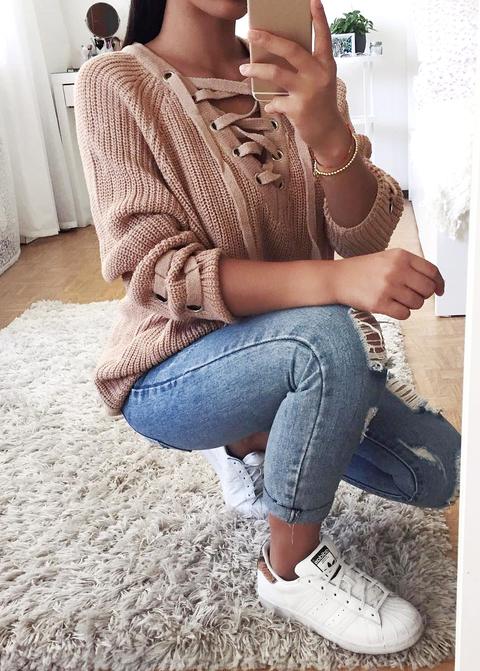 V-neck Sweater With Lace-up Neck