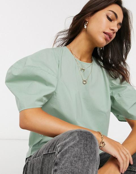 Stradivarius Balloon Sleeve Poplin Top In Khaki-green