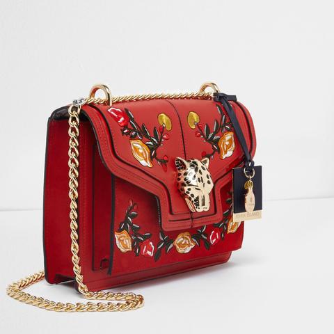 Red Embroidered Jaguar Lock Chain Satchel Bag