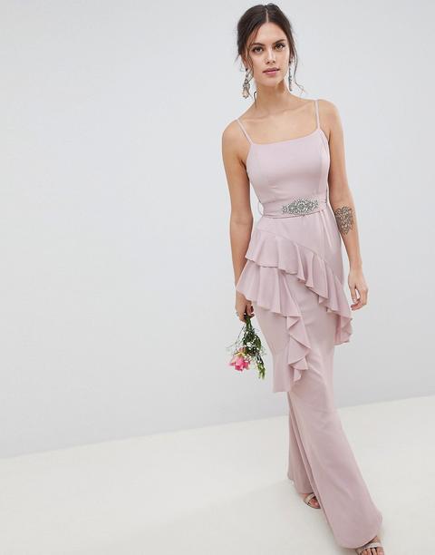 Vestido Largo De Tirantes Con Cinturón Adornado Y Volantes De Asos Design-rosa