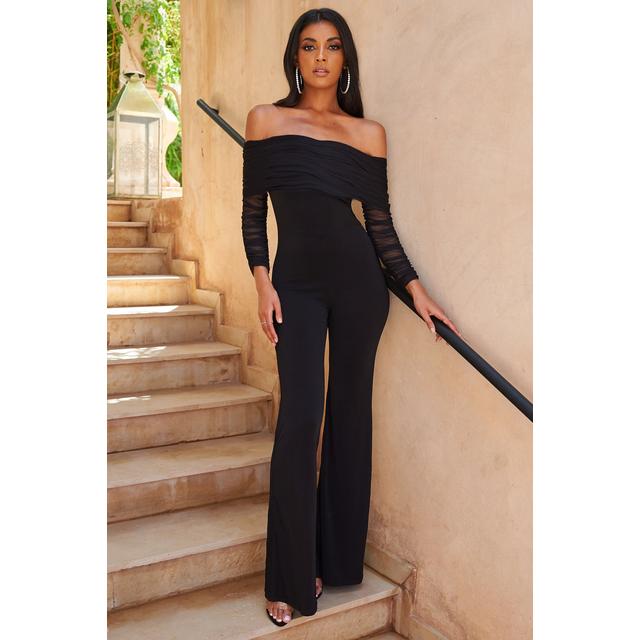 black ruched mesh bardot jumpsuit
