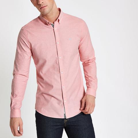 Pink Muscle Fit Embroidered Oxford Shirt