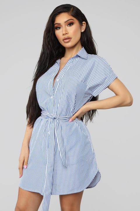 Full Of Soul Stripe Shirt Dress - Blue