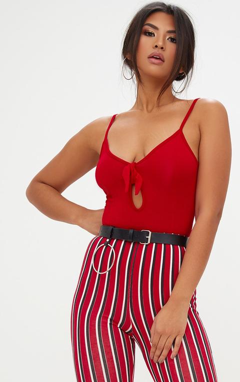 Red Bow Front Strappy Thong Bodysuit, Red