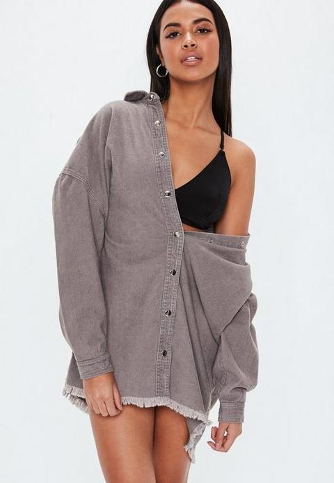 Grey Oversized Cord Raw Hem Shirt Dress, Grey