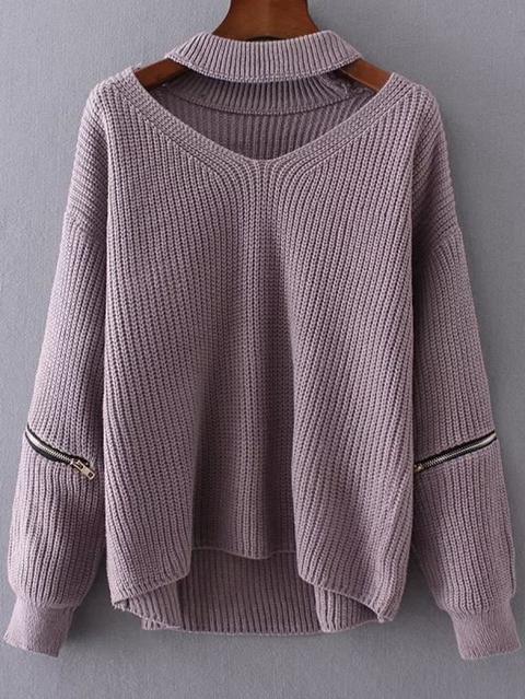 Maglione Scollo V Con Cerniera - Violetto