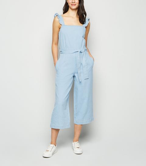 Pale Blue Frill Belted Crop Denim Jumpsuit New Look