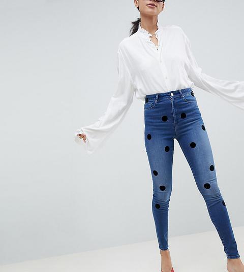 Asos Design Tall - Ridley - Jeans Skinny A Vita Alta Lavaggio Stone Wash Scuro A Pois Grandi Floccati - Blu