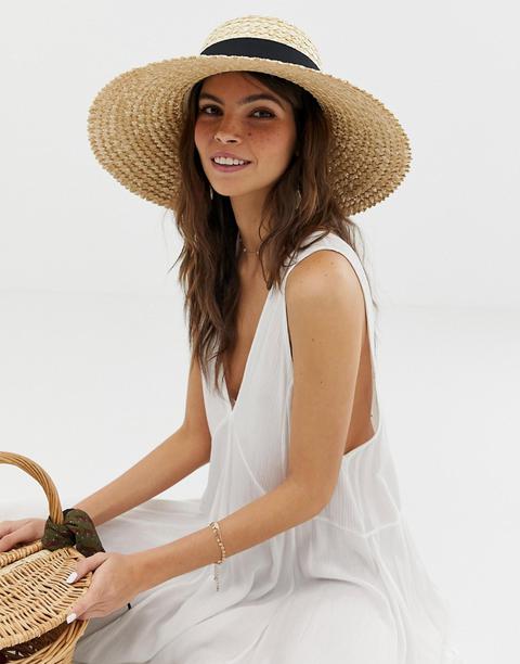 Asos Design Curve Crown Flat Brim Natural Straw Hat-brown