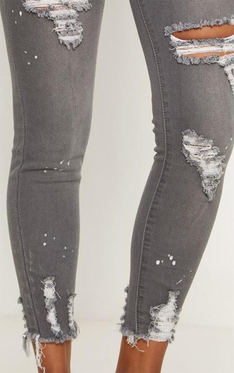 Grey Bleach Splatter Distress High Waisted Skinny Jean