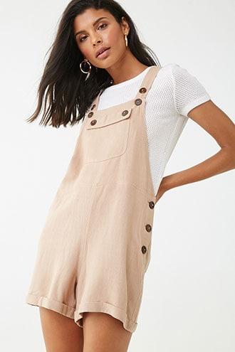 Forever 21 Linen-blend Cuffed Overalls , Taupe