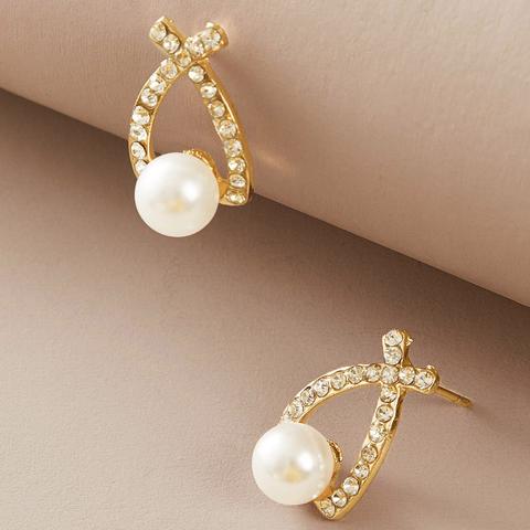 1 Paire Clous D'oreilles Avec Strass Et Fausse Perle