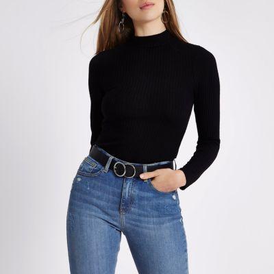 Black Ribbed High Neck Fitted Top from 