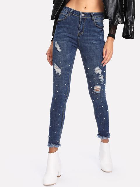 Pantaloni Di Jeans Con Perle Sintetiche