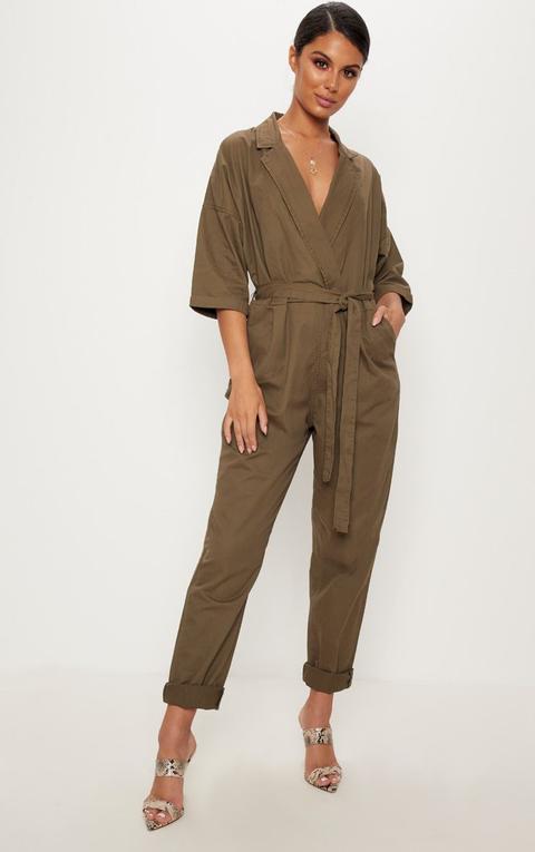 Khaki Denim Utility Jumpsuit, Green