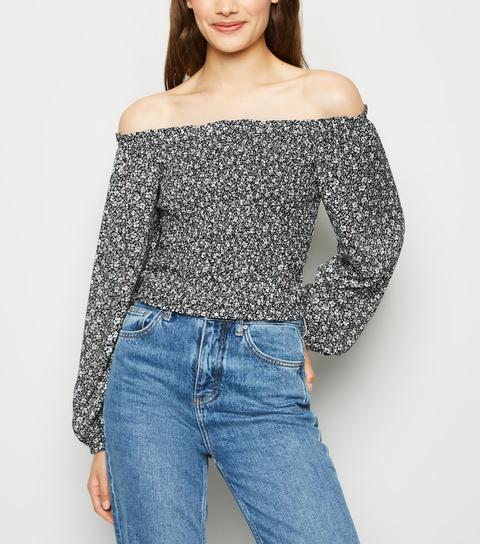 Black Ditsy Floral Shirred Long Sleeve 