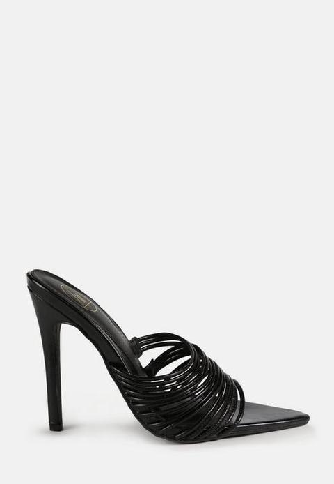 Black Pointed Toe Multi Strap Stiletto Heels, Black