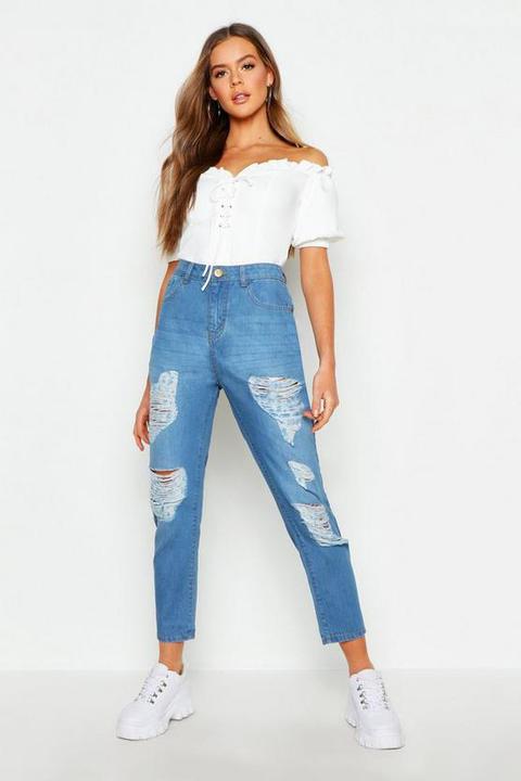 Womens Mid Rise All Over Rip Boyfriend Jeans - Blue - 16, Blue