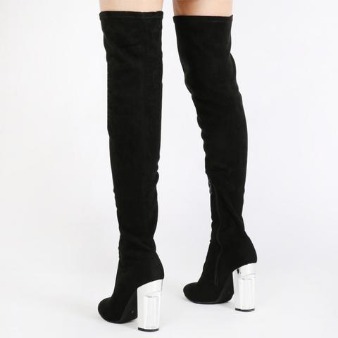 Cayla Statement Heel Over The Knee Boots In Black Faux Suede