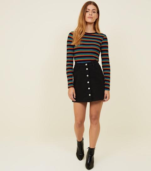 Petite Black Button Front Denim Mini 
