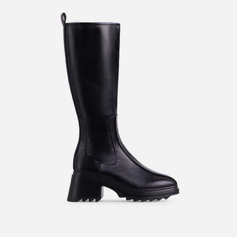 Burst Block Heel Knee High Long Wellington Boot In Black Faux Leather, Black