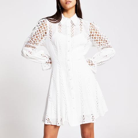 White Long Sleeve Pearl Button Broderie 