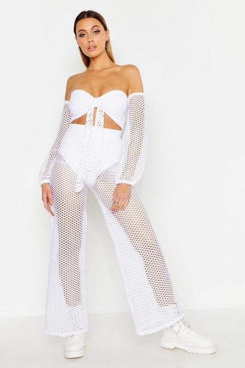 Womens Tie Front Fishnet Trouser Co-ord - White - S/m, White