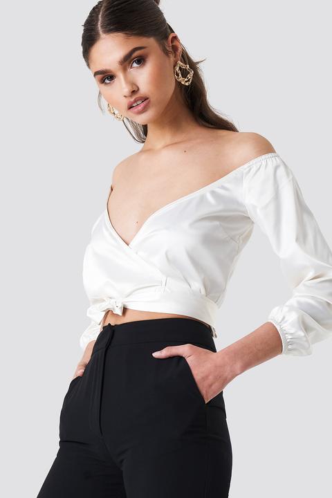 Iva Nikolina X Na-kd Satin Off Shoulder Top - White