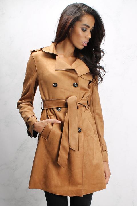 Beige Belted Suede Trench Coat