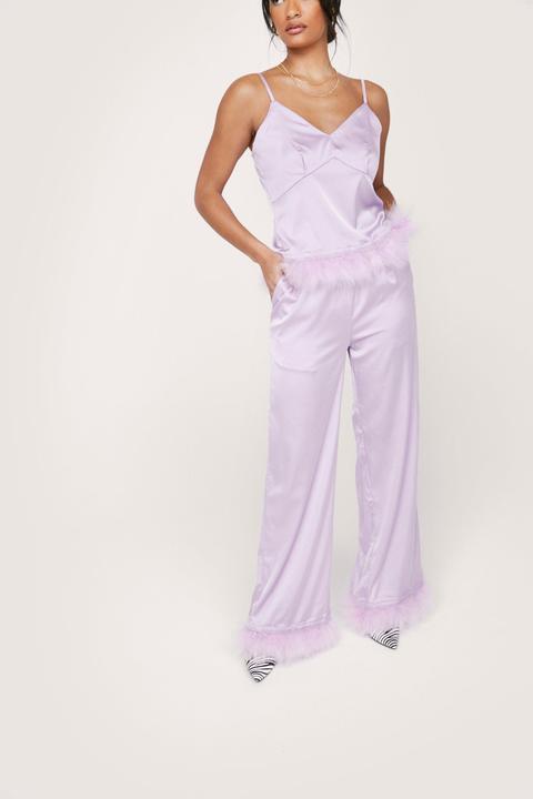 Pyjama En Satin Haut Ample À Plumes & Pantalon Assorti - Violet - 40, Violet