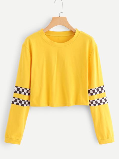 Plaid Sleeve Round Neck Tee