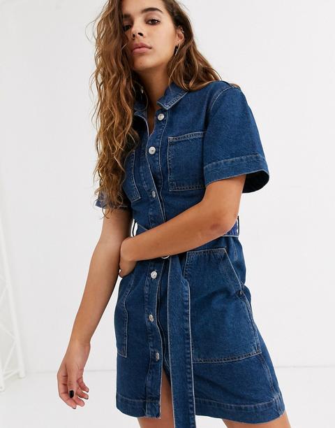 Vestido Camisero Vaquero Con Cinturón Y Lavado Medio De Topshop-azul