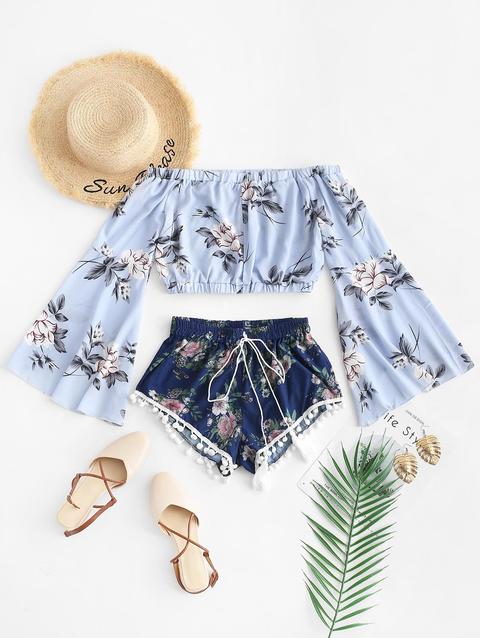 Set Pantaloncini Corti Con Stampa Floreale Zaful E Top Corto Multi-a