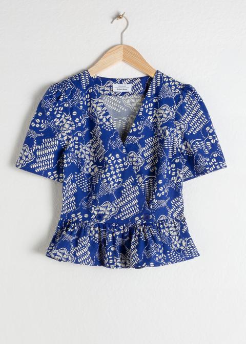 Cotton Coffee Bean Wrap Blouse - Blue