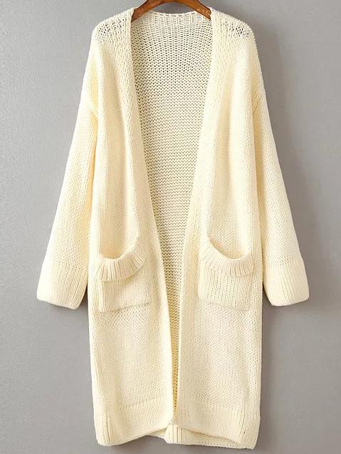 Beige Ribbed Trim Front Pocket Long Cardigan