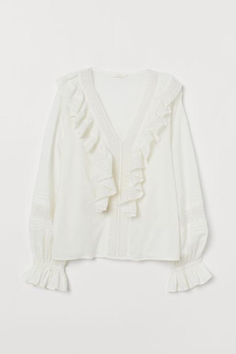 Blusa De Algodón Con Volantes - Blanco