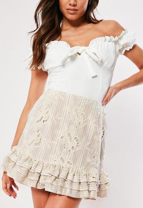 Sand Broderie Anglaise Frill Hem Mini Skirt, Camel