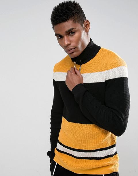 Asos - Maglione Testurizzato Con Mezza Zip Nero E Giallo - Nero