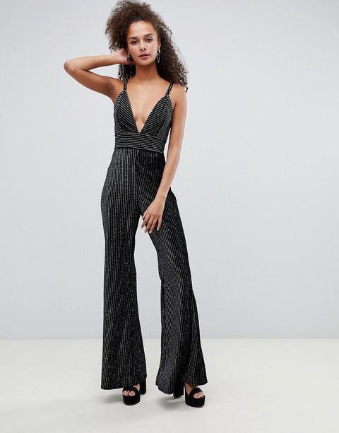 Bershka - Tuta Jumpsuit Con Glitter - Nero