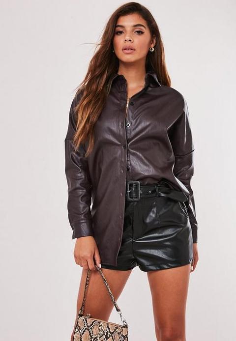 Wine Faux Leather Oversized Shirt, Wine