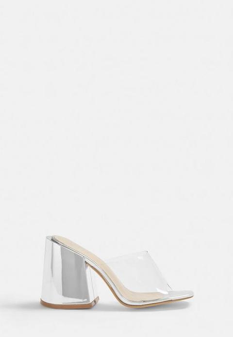 Silver Chunky Heel Clear Strap Mules, Silver