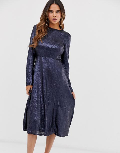 Vestido Midi De Manga Larga Con Diseño Acampanado Y Lentejuelas En Azul Marino De Tfnc