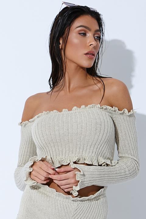 Stone Tops - Sarah Ashcroft Stone Ribbed Ruffle Long Sleeved Bardot Crop Top