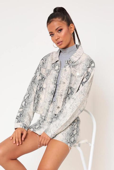 White Snake Print Denim Jacket